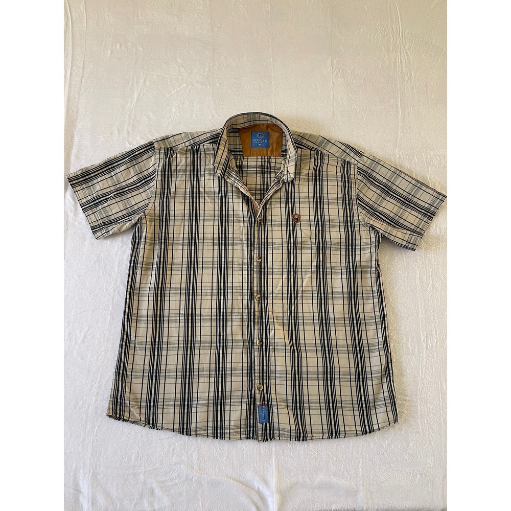 Regello Mens 4XL Plaid Short Sleeve Button Down Shirt Tan Navy White Sport Logo